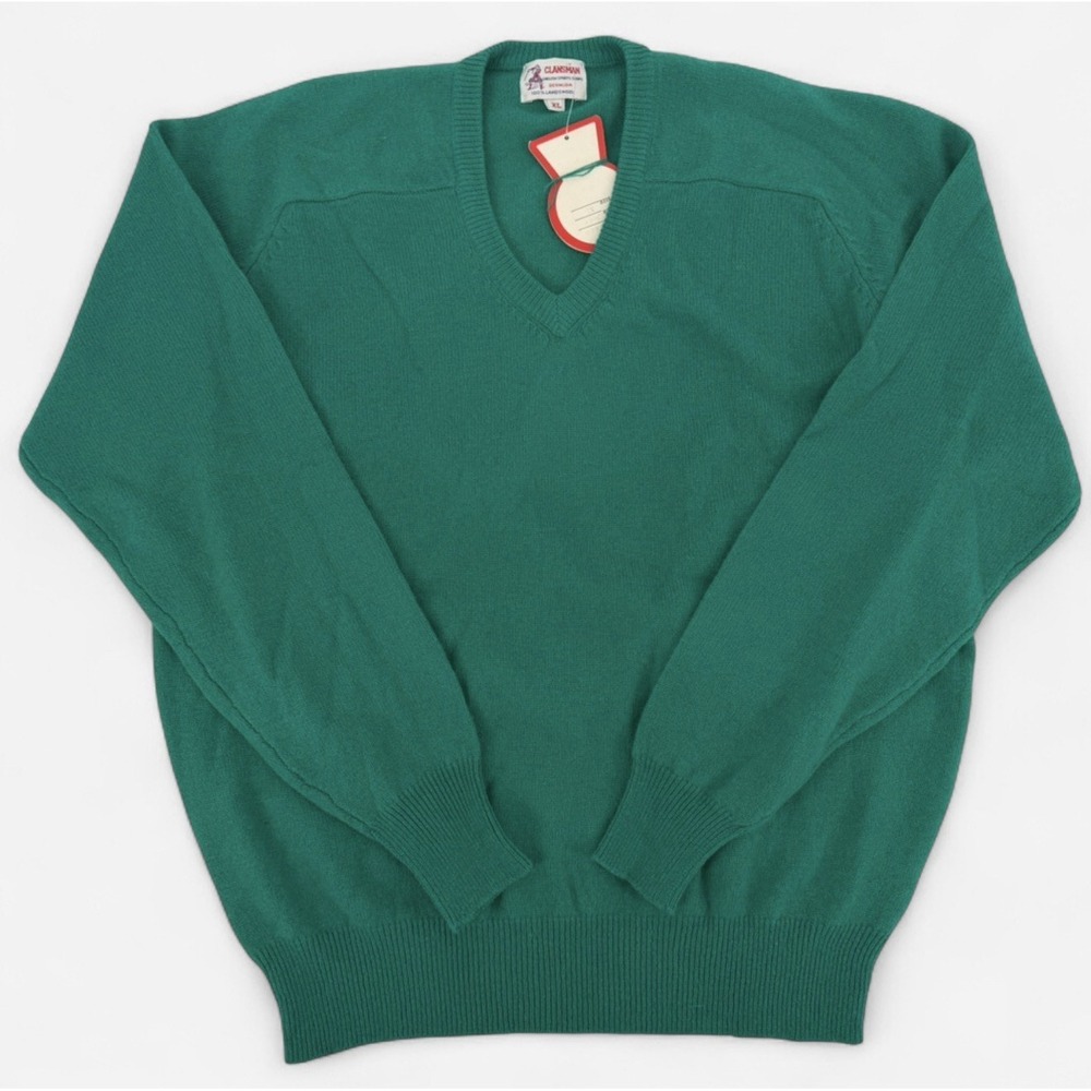 VTG Clansman English XL Jade Green 100% Lambswool V Neck Pullover Sweater Preppy